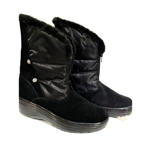 Skechers Women's Sz 7.5 Alaska Black Quilted Suede Leather Winter Boots Faux Fur - Picture 2 of 9